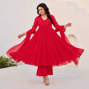 Ruby Red Georgette Anarkali Suit Set with Dupatta