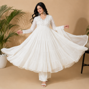 Ivory White Georgette Anarkali Suit Set with Dupatta