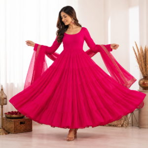 Fuchsia Pink Georgette Anarkali Suit Set with Dupatta