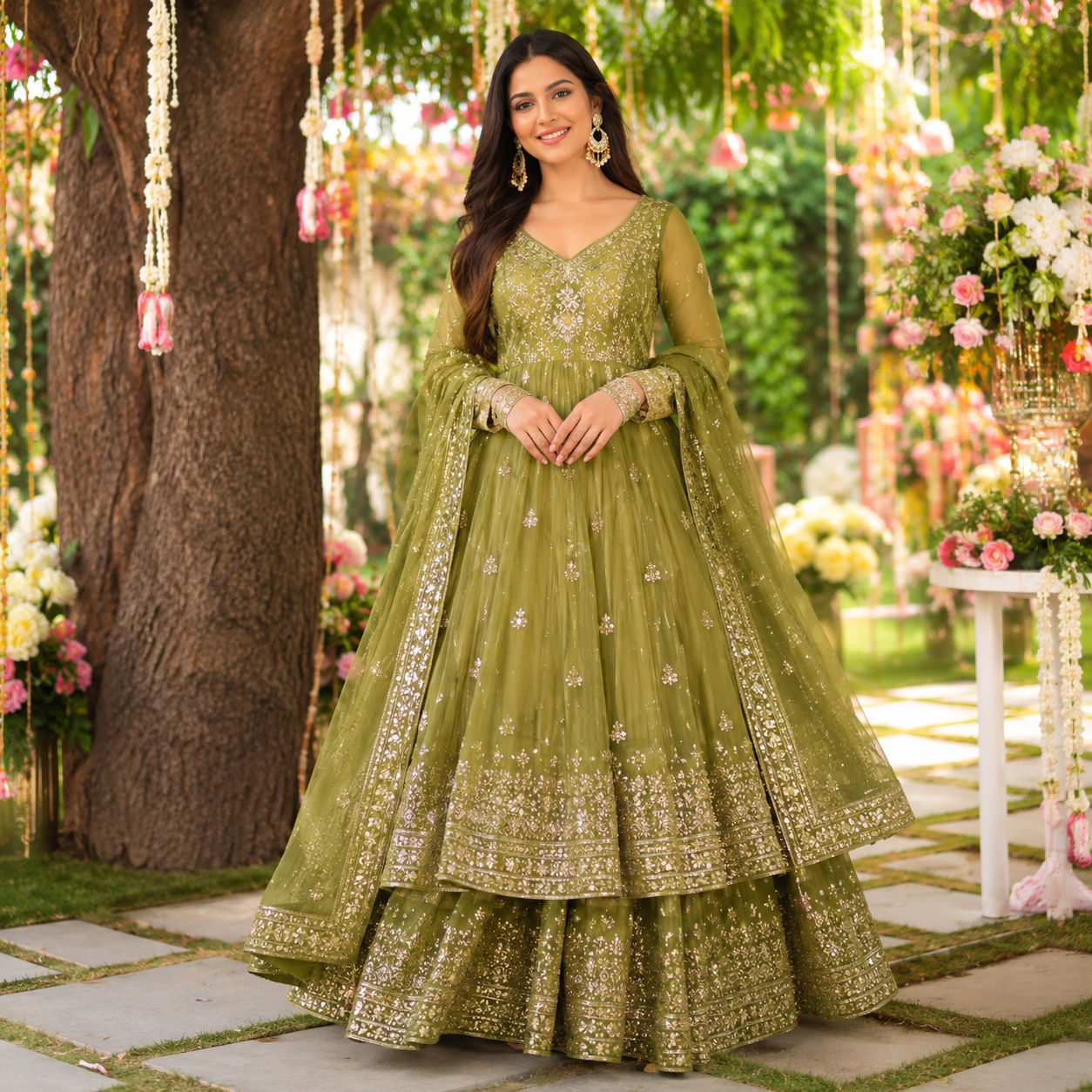 Olive Green Embroidered Georgette Anarkali Gown Set - Image 5