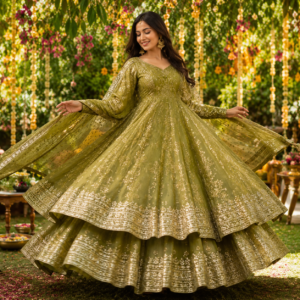 Olive Green Embroidered Georgette Anarkali Gown Set