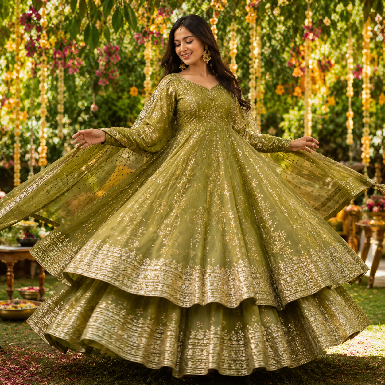 Olive Green Embroidered Georgette Anarkali Gown Set