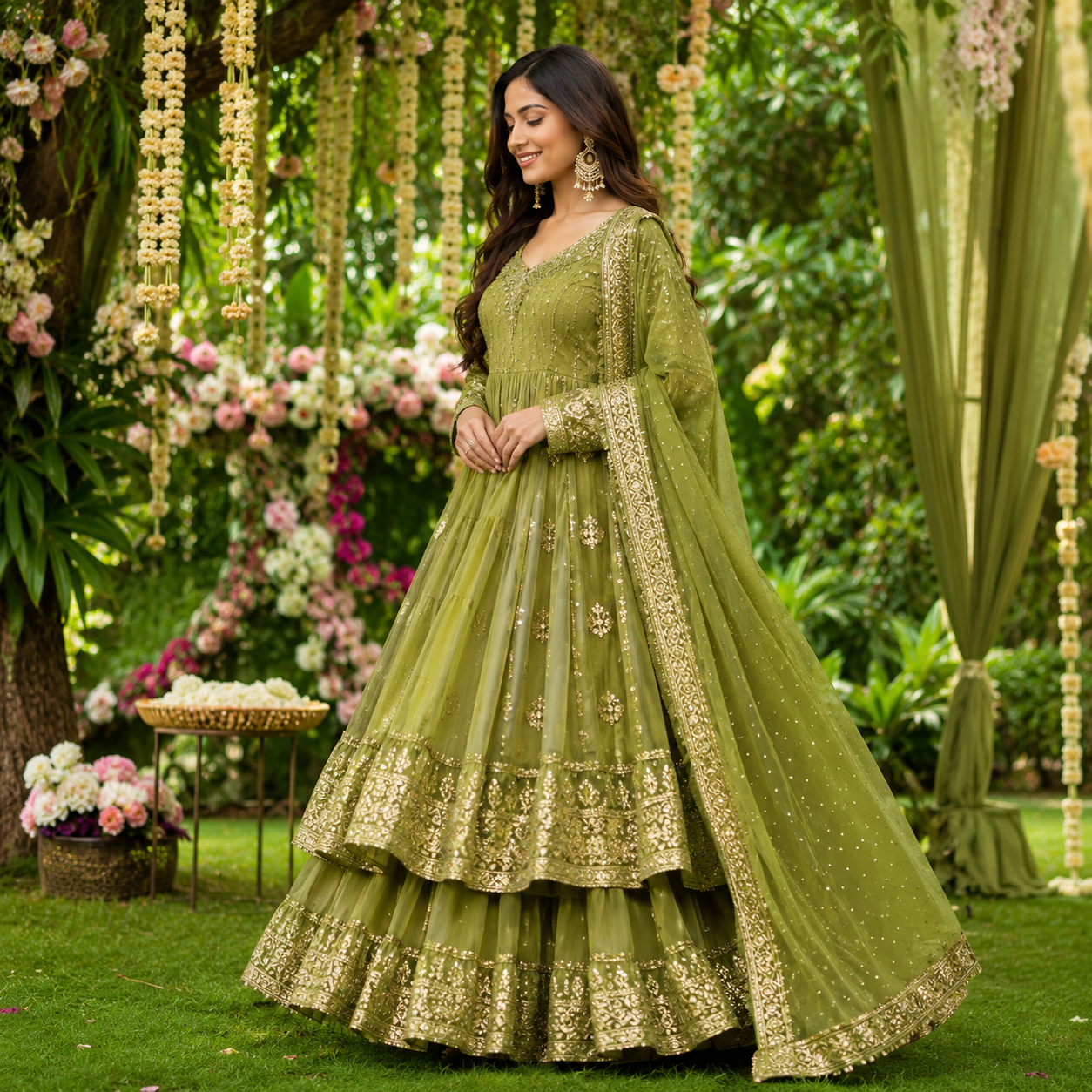 Olive Green Embroidered Georgette Anarkali Gown Set - Image 3