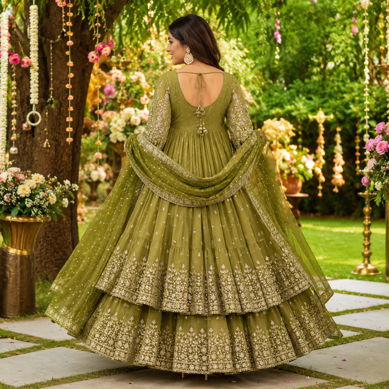 Olive Green Embroidered Georgette Anarkali Gown Set - Image 2