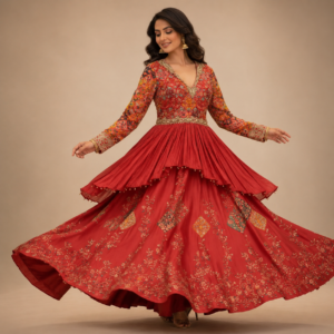 Crimson Red Embroidered Indo-Western Anarkali Gown Set