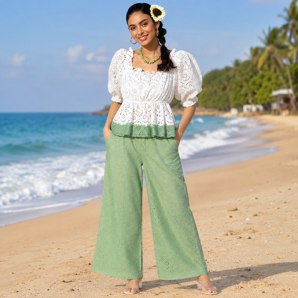 Mint Green & White Eyelet Cotton Co-Ord Set