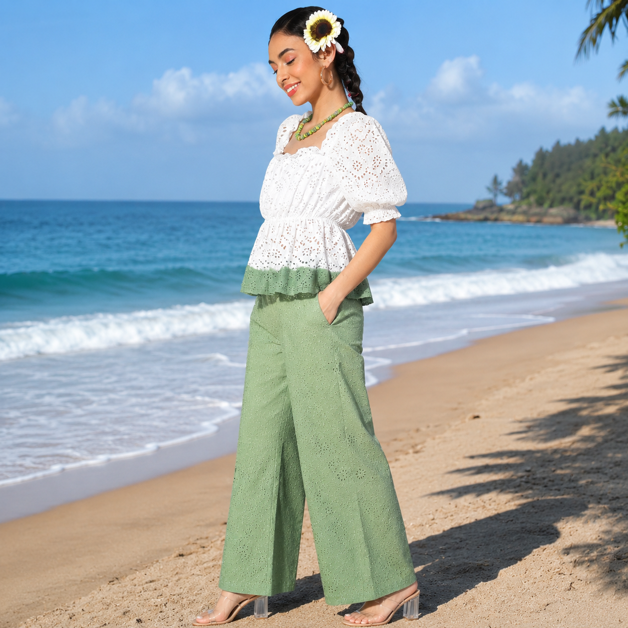 Mint Green & White Eyelet Cotton Co-Ord Set - Image 2