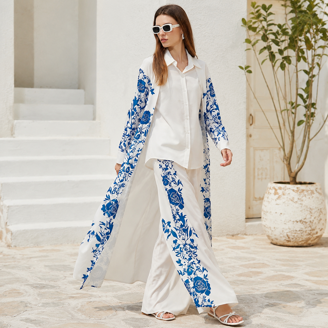 Ivory White & Royal Blue Floral Resort Co-Ord Set - Image 3