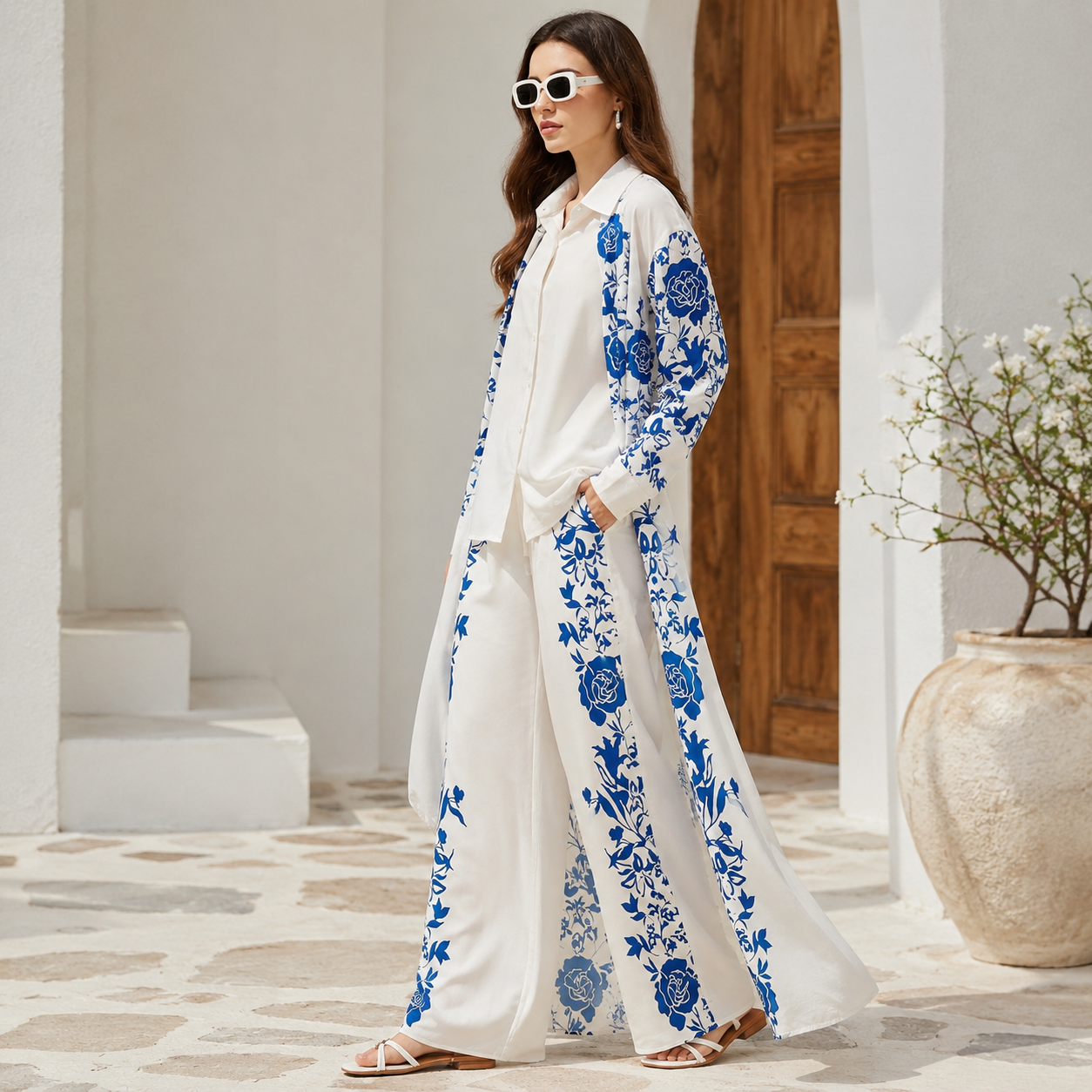 Ivory White & Royal Blue Floral Resort Co-Ord Set - Image 2
