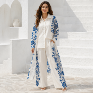 Ivory White & Royal Blue Floral Resort Co-Ord Set