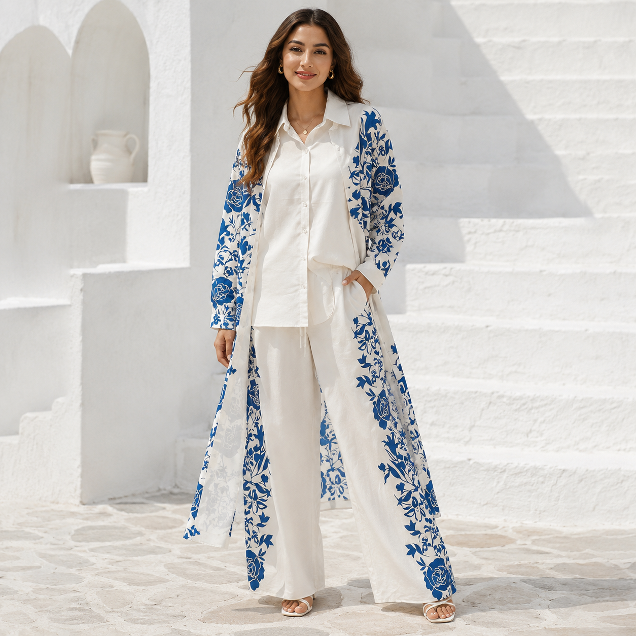 Ivory White & Royal Blue Floral Resort Co-Ord Set