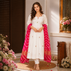 Ivory White Embroidered Anarkali Suit with Pink Leheriya Dupatta