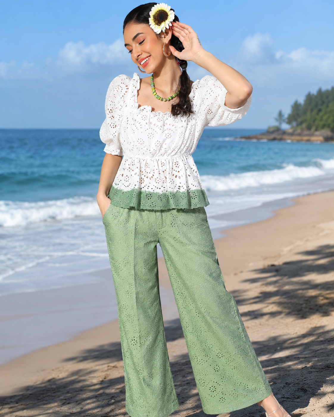 Mint Green & White Eyelet Cotton Co-Ord Set - Image 3