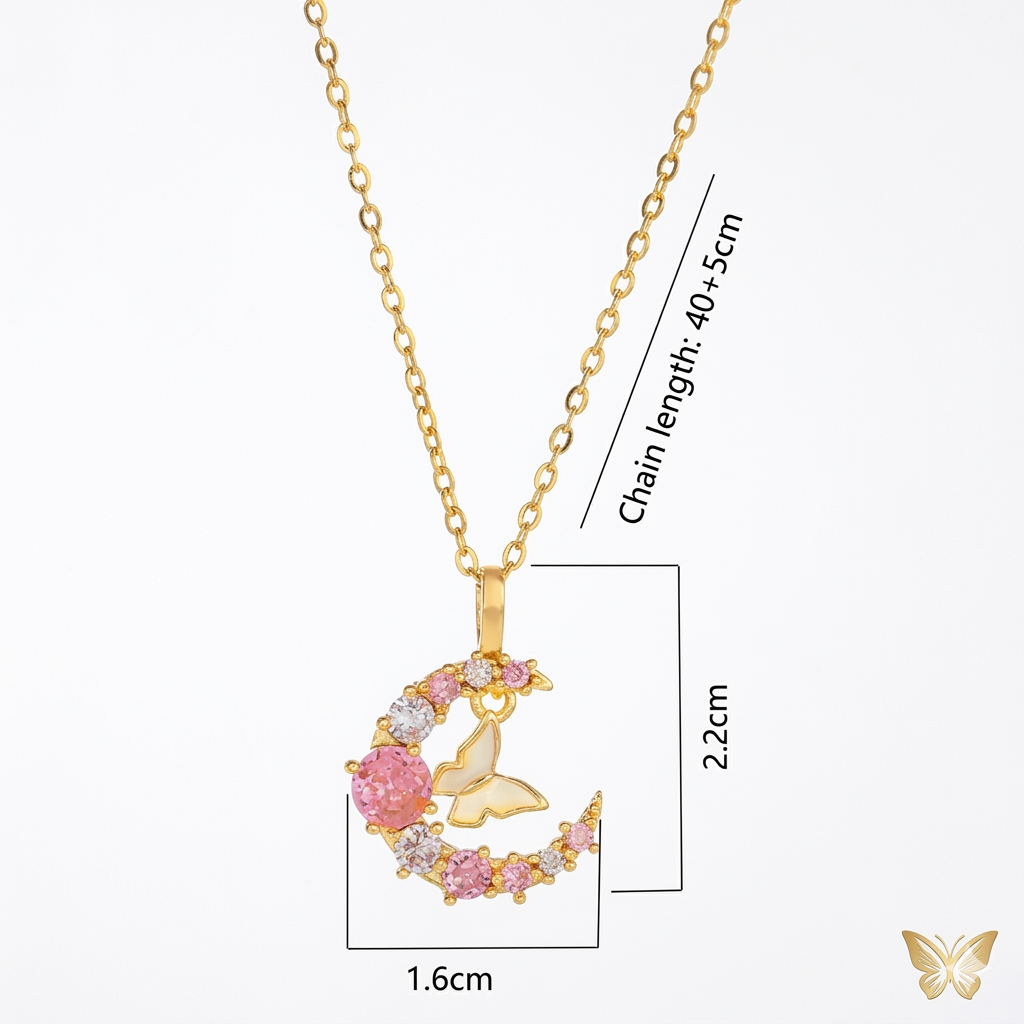 Butterfly Moon Pink Crystal Gold Pendant Necklace - Image 2