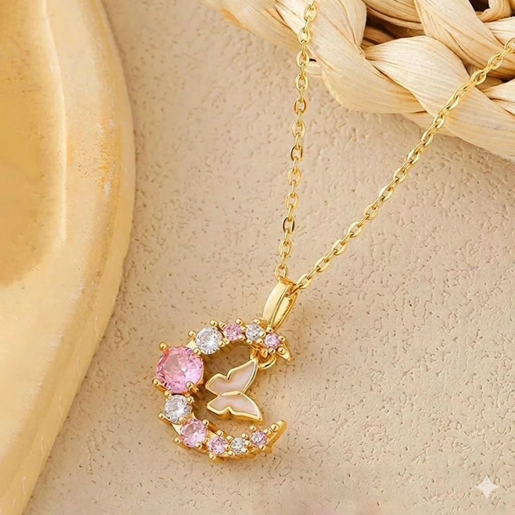 Butterfly Moon Pink Crystal Gold Pendant Necklace