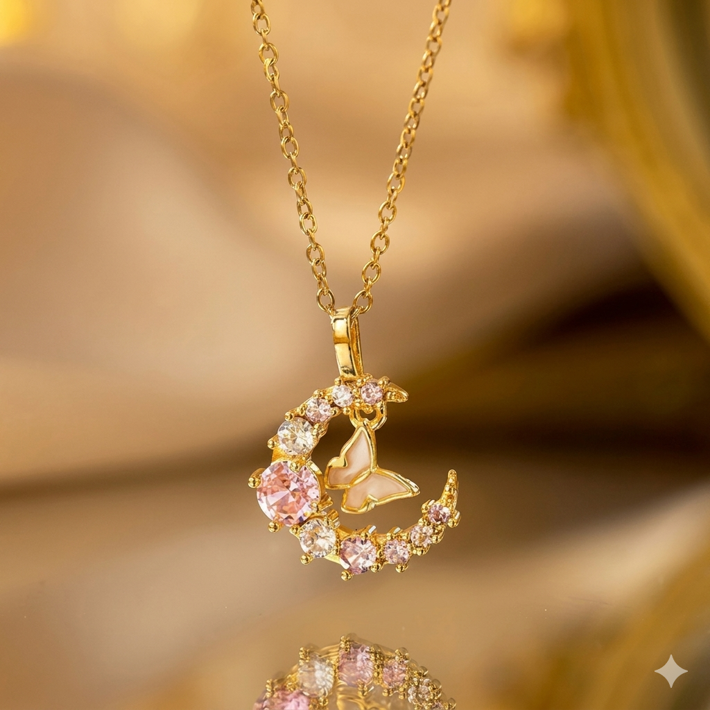 Butterfly Moon Pink Crystal Gold Pendant Necklace - Image 3