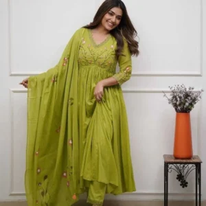 Olive Green Embroidered Anarkali Suit Set with Floral Dupatta