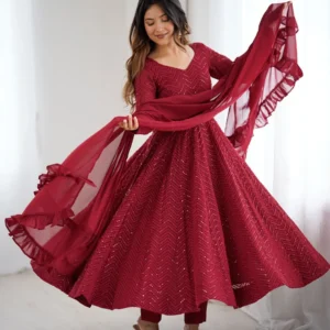 Wine Red Sequined Anarkali Suit Set with Ruffle Dupatta